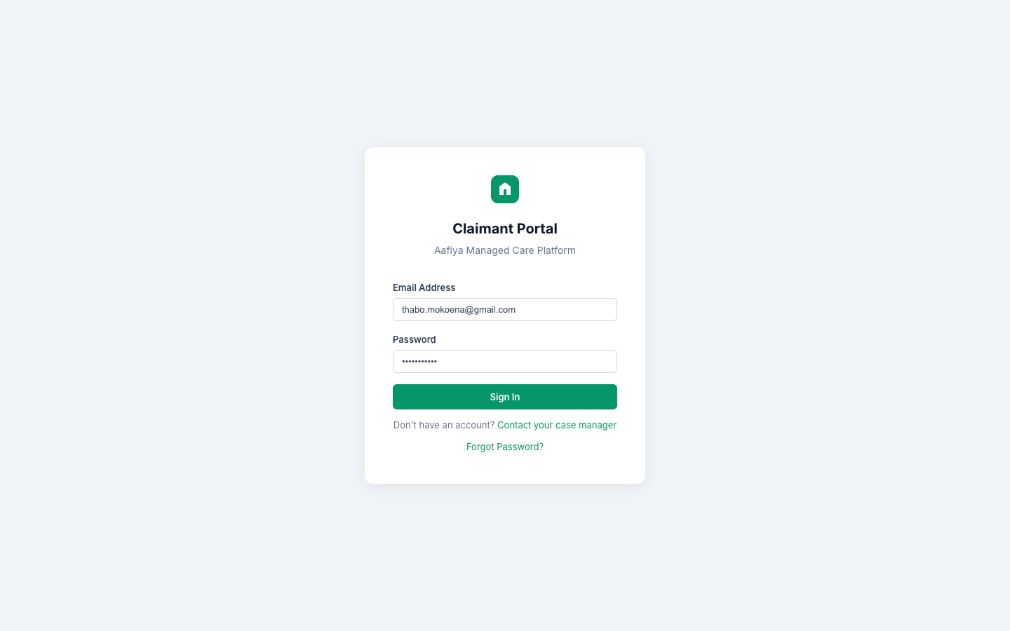 Claimant Portal Login Screen