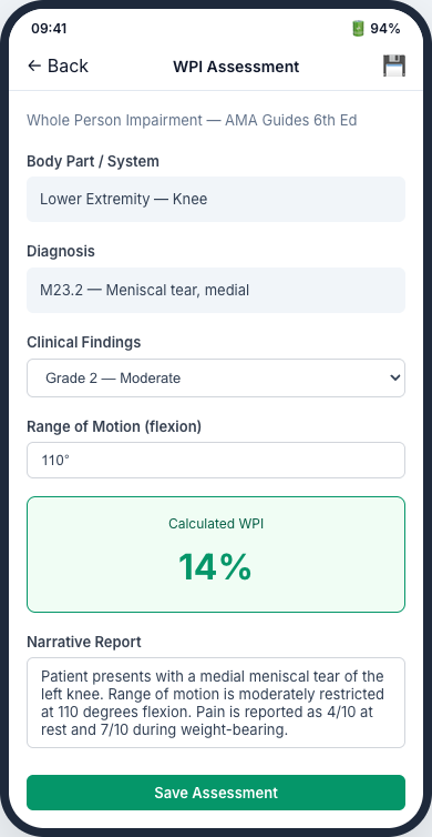 WPI Assessment Screen