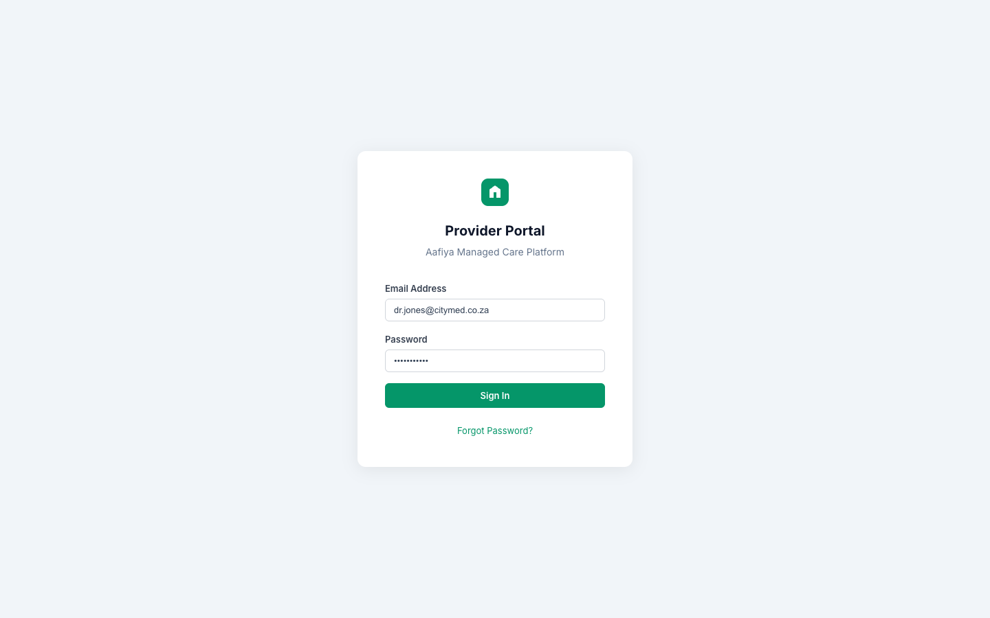 Provider Portal Login Screen